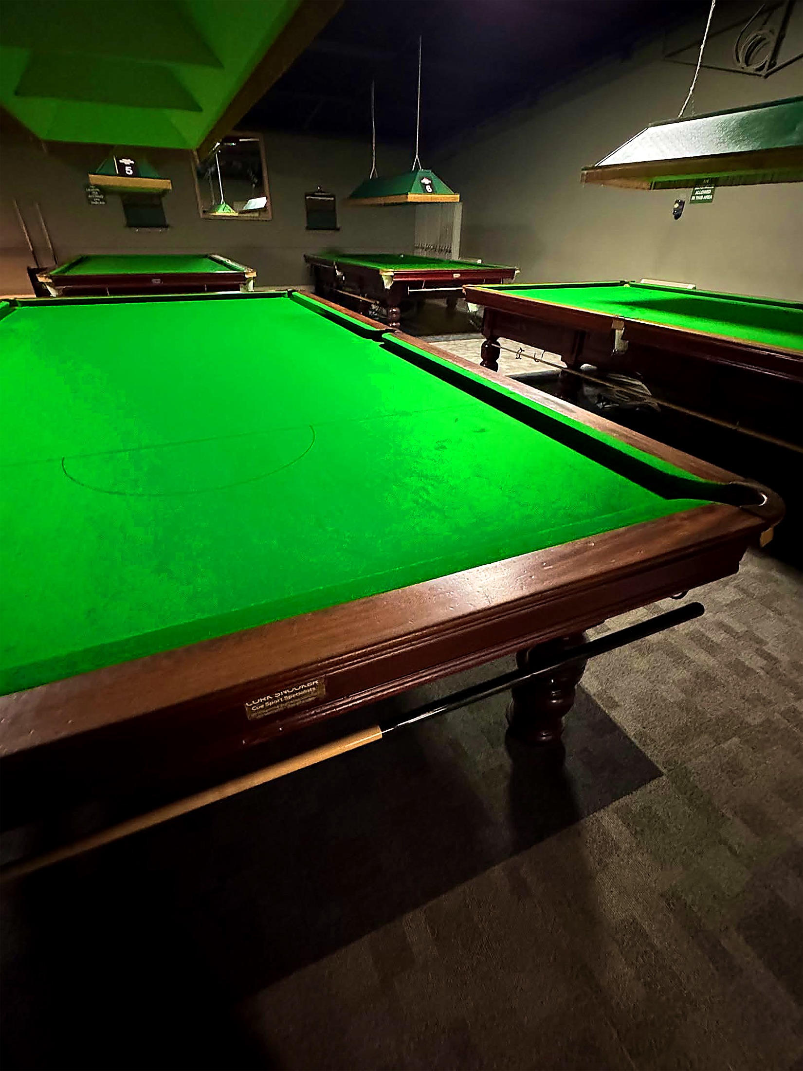 Snooker tables under lamps at Island Entertainment Centre Tralee